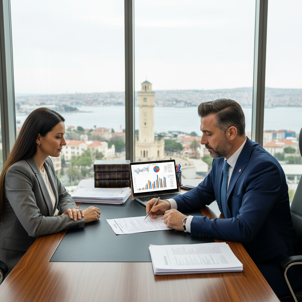 Modern bir hukuk bürosunda iş hukuku mevzuatını ve tazminat hesaplama tablolarını inceleyen avukatlar.