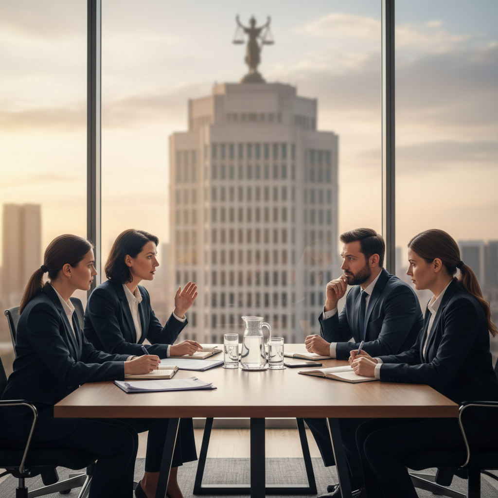 Bir toplantı masasında süresiz nafaka yasası değişikliğini tartışan profesyonel hukukçular ve arka planda adalet simgesi.