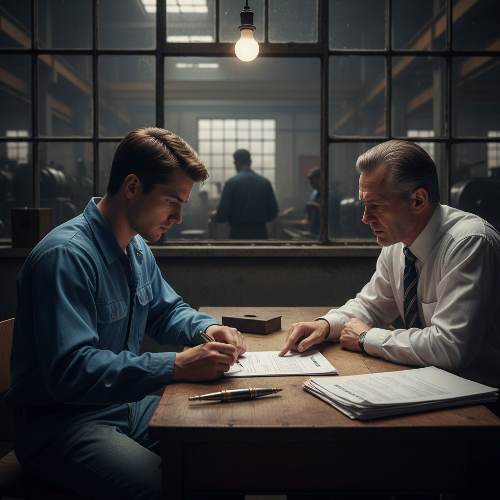 İş sözleşmesindeki cezai şart maddelerini inceleyen bir işçi ve Brand Legal avukatı.