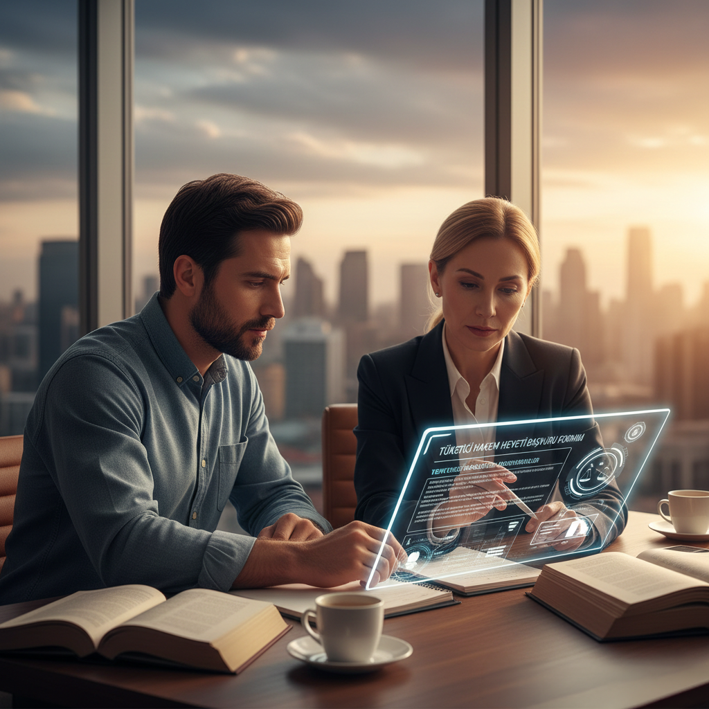 Bir avukatın, dijital bir belge üzerinde tüketici hakları mevzuatını müvekkiline açıkladığı modern ofis sahnesi.