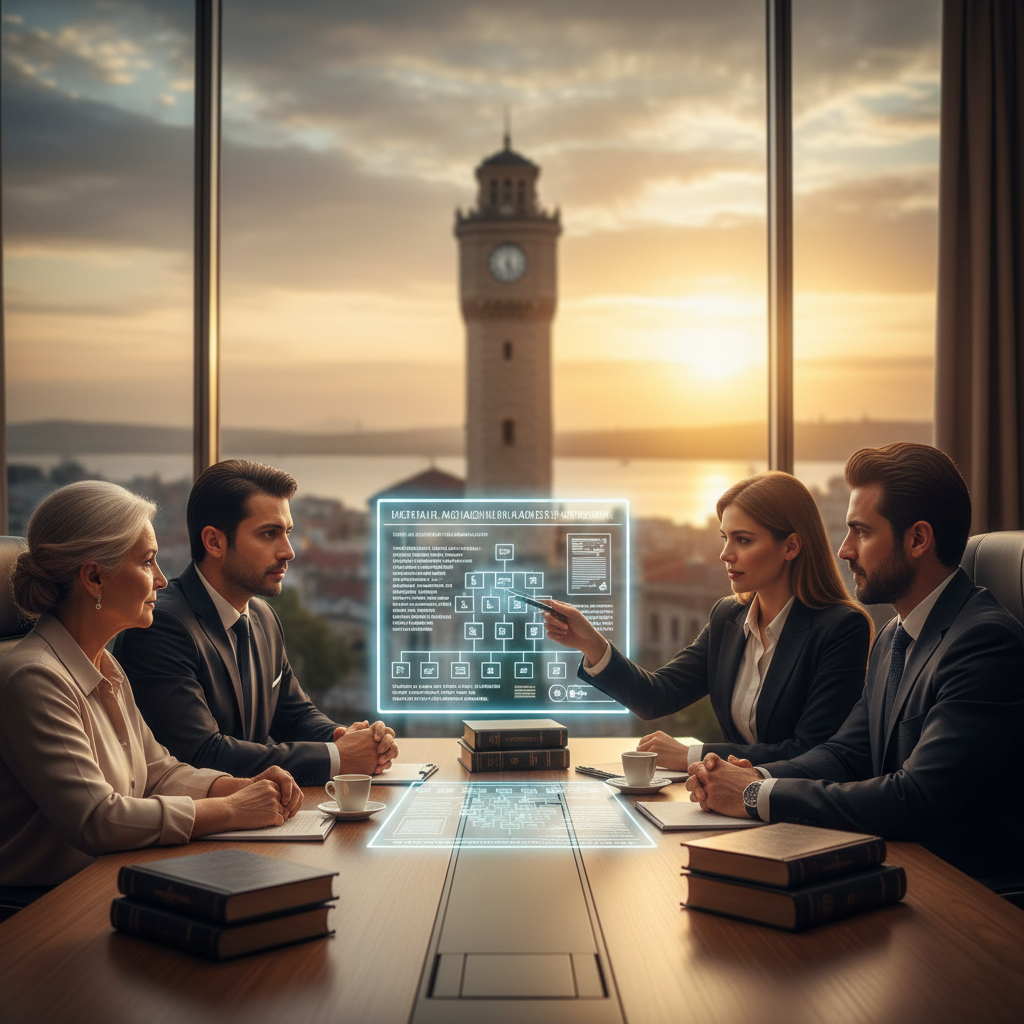 İzmir'de bir toplantı odasında aile üyelerine miras sözleşmesi ve yasal hakları açıklayan profesyonel miras avukatı.