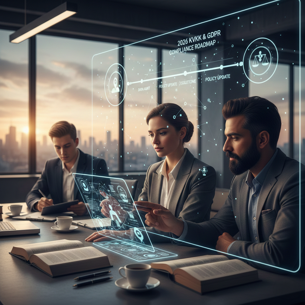 Modern bir ofis ortamında dijital ekranlar üzerinden KVKK ve GDPR uyum sürecini analiz eden hukukçular.