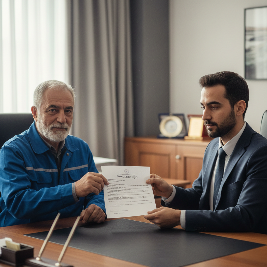 Emeklilik dilekçesi hazırlayan kıdemli bir işçi ve ona rehberlik eden Brand Legal avukatı.