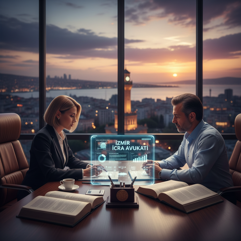 İzmir'de bir ofiste icra dosyalarını ve yasal belgeleri inceleyen profesyonel avukat.