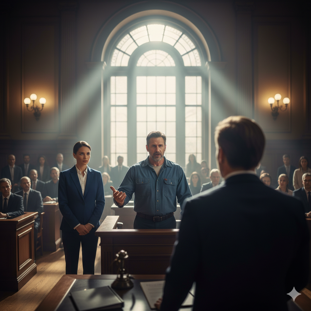 İş mahkemesi önünde haksız fesih bildirimini inceleyen bir işçi ve Brand Legal avukatı.