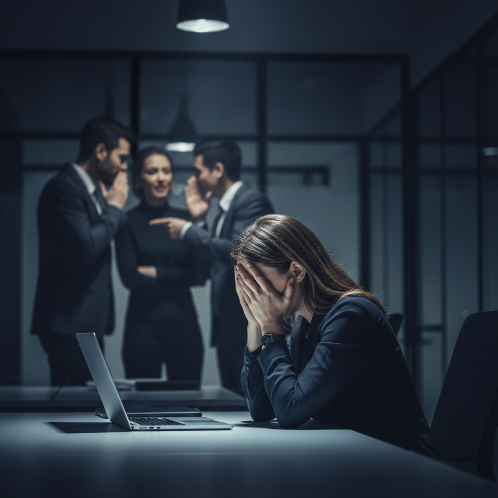 Ofis ortamında diğer çalışanlar tarafından dışlanan ve mobbinge maruz kalan üzgün bir işçi görseli.